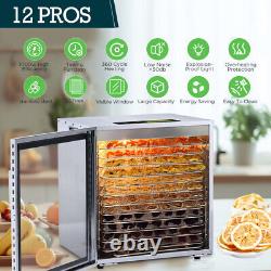 Commercial Food Dehydrator Machine with12 Stainless Trays Timer Temperature 1000W